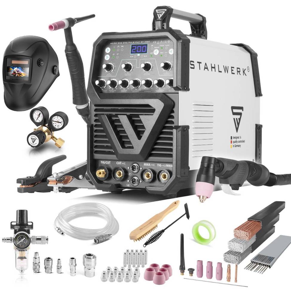 STAHLWERK - WIG 200 - AC/DC WIG Schweißgerät Puls mit Plasma Vollausstattung (49 x 25 x 40 cm) 1,6-4,0mm Elektroden & 1,0-2,4mm Schweißdraht, 13kg