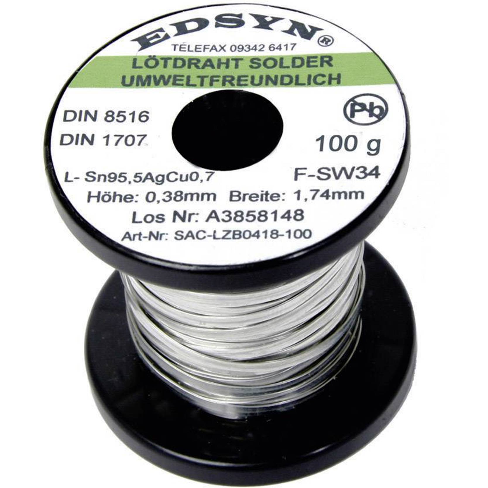 Edsyn - SAC-LZB 0418 - Lötzinn Spule bleifrei Sn95,5AgCu0,7 100g (Durchmesser 1.74mm)