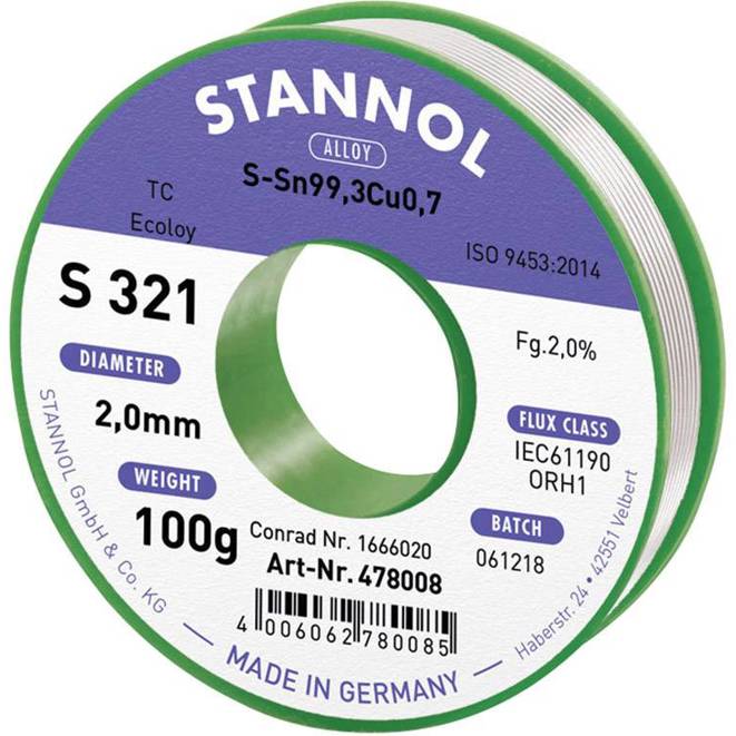 Stannol - S321 - Lötzinn Spule Sn99,3Cu0,7 ORH1 - 2mm 100g