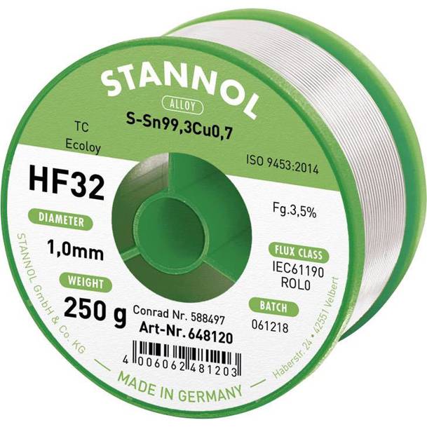 Stannol - HF32 3500 - Bleifreies Lötzinn (Spule, Sn99,3Cu0,7) 1mm 250g