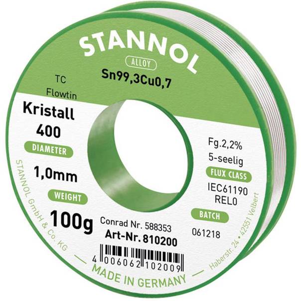 Stannol - Lötzinn Spule (Sn99,3Cu0,7) - Draht-Durchmesser 1 mm - REL0 - 100 g (bleifrei)