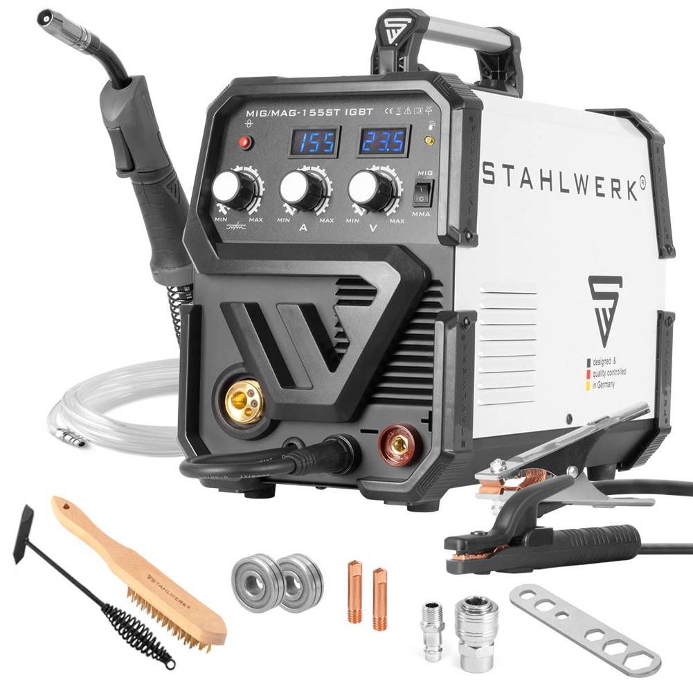 STAHLWERK - 155 ST - MIG/MAG-Schweißgerät, 155 Ampere, 12kg - mit Elektroden-Ø 1,6-4,0mm & Schweißdraht-Ø 0,6-1,0mm (Abm. 48 x 27 x 40 cm)