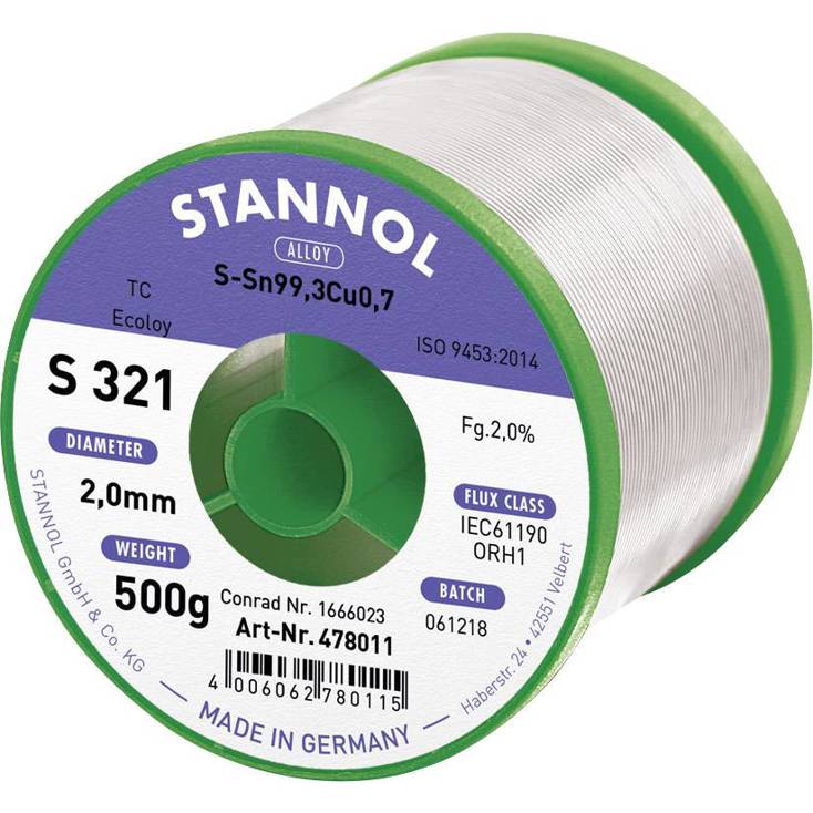 Stannol - S321 2,0% 2,0MM - Lötzinn 500g Spule Sn99,3Cu0,7 (2mm Draht)