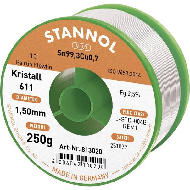 Stannol - Kristall 611 - Lötzinn Sn99,3Cu0,7 250g (bleifrei, 1.5mm, REM1)
